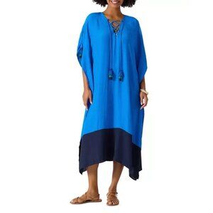 New Tommy Bahama Blue Colorblock Kaftan Dress Long V-Neck Size Small Medium S/M